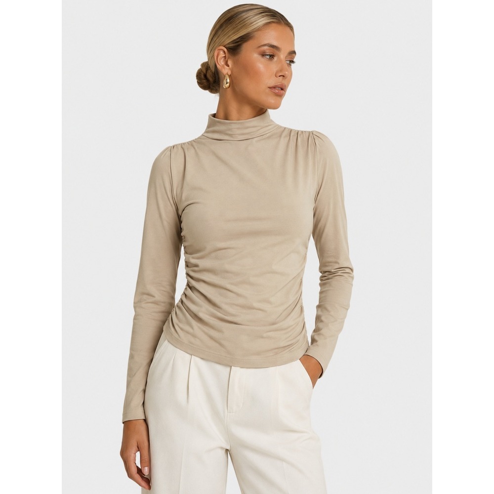 Dress Forum Beige Mock Neck Ruched Long Sleeve Top S NWOT New